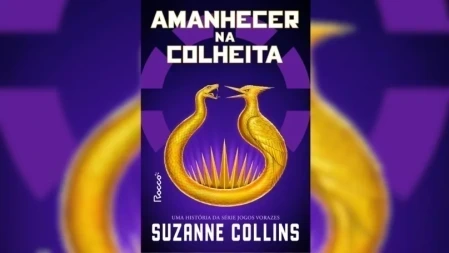 Capa do livro Amanhecer na Colheita de Suzanne Collins, com ilustração dourada de uma serpente e um pássaro entrelaçados