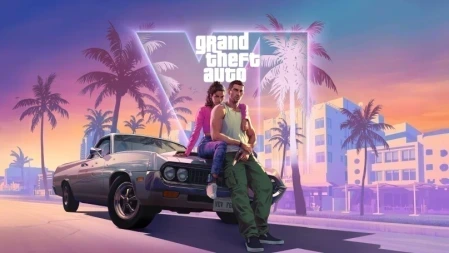 Lucia Caminos e Jason Duval encostados em um carro clássico nas ruas de Vice City em arte promocional de GTA 6 (2026)