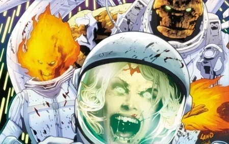 Versão zumbificada do Quarteto Fantástico em traje espacial na capa de Marvel Zombies: Red Band #1 (2025)