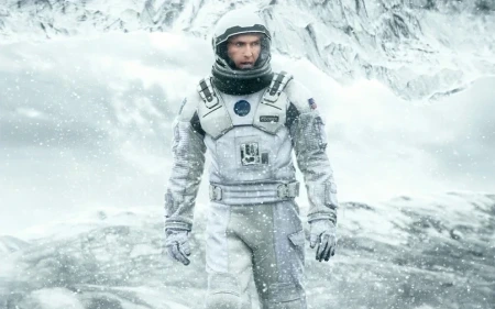Matthew McConaughey como Cooper em traje espacial em cena de Interestelar (2014)